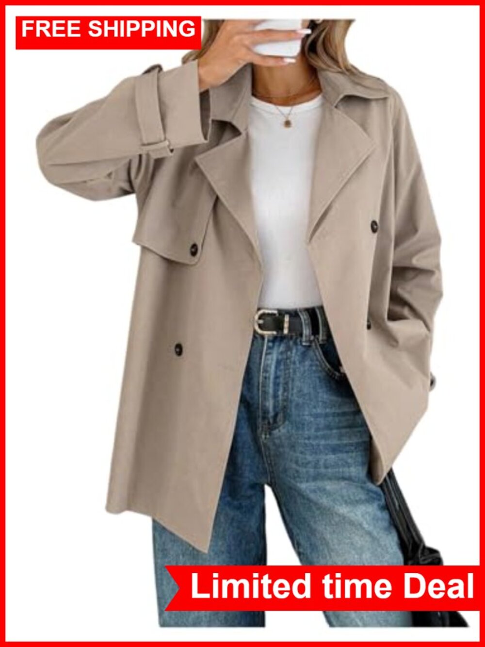 Women's Double Breasted Trench Coat Button Down Business Work Outerwear